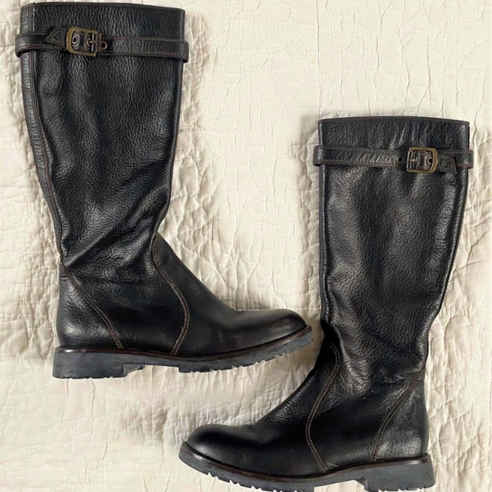 Dark Brown Max Mara Women's Leather Tall BootsRiding Lug Sole Buckle Zip 40 US10
